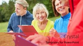  Presentation with active seniors senior e - Beautiful slide deck featuring group-of-seniors-with-clipboard backdrop and a red colored foreground