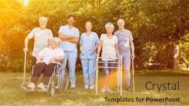  Presentation with wheelchairs - Presentation design consisting of group-of-seniors-with-people background and a gold colored foreground