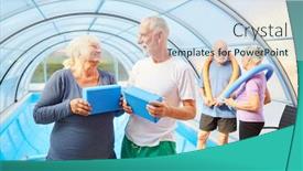  Presentation with noodle - Slides enhanced with group of seniors with swimming noodle at the pool before the health sport background and a sky blue colored foreground