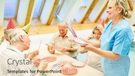  Presentation with geriatric - Presentation design having group of seniors and a geriatric nurse celebrate their birthday together in retirement home background and a lemonade colored foreground