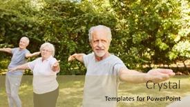  Presentation with exercise class - PPT theme enhanced with group-of-seniors background and a yellow colored foreground