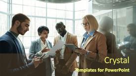  Presentation with elevator - Presentation design consisting of group-of-serious-colleagues background and a  colored foreground