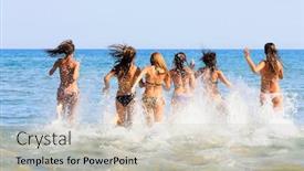  Presentation with girls running - PPT layouts having group of six beautiful young girls running in the sea in greece background and a light gray colored foreground
