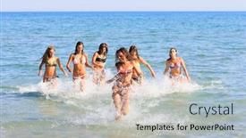  Presentation with girls running - Slides having group of six girls running in the sea background and a light blue colored foreground