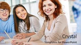  Presentation with focus group - Cool new slide deck with group of smart groupmates sitting at lesson focus on happy girl backdrop and a coral colored foreground