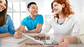  Presentation with focus group - Presentation design featuring group of smart groupmates sitting at lesson focus on happy girl with touchpad background and a coral colored foreground