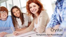  Presentation with focus group - Presentation theme consisting of group of smart groupmates sitting at lesson focus on happy girl background and a soft green colored foreground