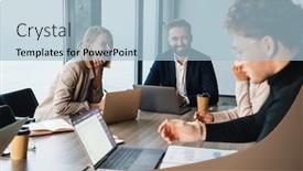  Presentation with new office - PPT theme consisting of group-of-smart-motivated-businesspeople background and a light blue colored foreground