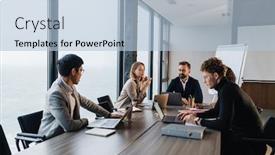  Presentation with new office - Slide deck with group-of-smart-motivated-businesspeople background and a light blue colored foreground