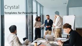  Presentation with new office - Beautiful presentation theme featuring group-of-smart-multiethnic-motivated backdrop and a light blue colored foreground