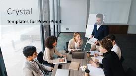  Presentation with cooperative cooperation at new project - Audience pleasing PPT theme consisting of group-of-smart-multiethnic-motivated backdrop and a light blue colored foreground