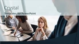  Presentation with new office - Cool new presentation theme with group-of-smart-multiethnic-motivated backdrop and a sky blue colored foreground