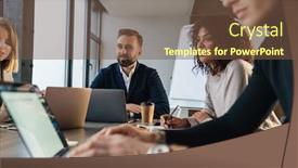  Presentation with new office - PPT theme having group-of-smart-multiethnic-motivated background and a tawny brown colored foreground