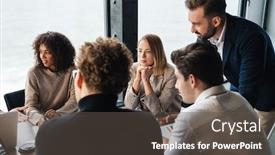  Presentation with new office - Audience pleasing PPT theme consisting of group-of-smart-multiethnic-motivated backdrop and a dark gray colored foreground