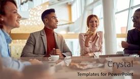  Presentation with lunch - Theme consisting of group-of-smiling-business-people background and a coral colored foreground