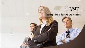  Presentation with five business people standing together and smiling - PPT theme consisting of group of smiling business team background and a lemonade colored foreground