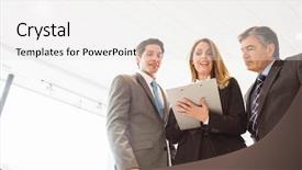  Presentation with five business people standing together and smiling - Audience pleasing PPT layouts consisting of group of smiling business team backdrop and a white colored foreground