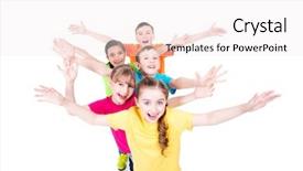  Presentation with children hands - Presentation design featuring group of smiling children with raised hands in colorful t-shirts standing together top view isolated on white background and a sky blue colored foreground