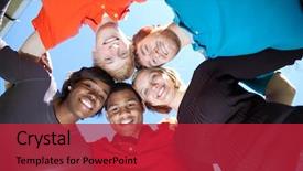  Presentation with multi racial - Colorful PPT theme enhanced with group of smiling faces backdrop and a crimson colored foreground