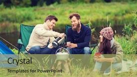  Presentation with cooking fire - Cool new PPT layouts with fire family - adventure travel tourism and people backdrop and a mint green colored foreground