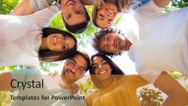  Presentation with friends - Presentation design consisting of group of smiling friends hugging together at the park in a circle background and a gold colored foreground