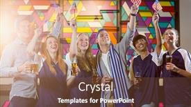  Presentation with toasting - Amazing slide set having group of smiling friends toasting glass of beer in party at bar backdrop and a tawny brown colored foreground