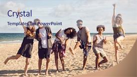  Presentation with summer camp group of diverse - Slide set with group of smiling friends wearing background and a sky blue colored foreground