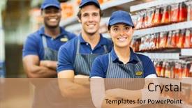  Presentation with hardware - PPT theme with group of smiling hardware store co-workers background and a coral colored foreground