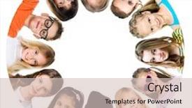  Presentation with huddle - Amazing slide set having group of smiling kids standing in huddle on white background backdrop and a soft green colored foreground