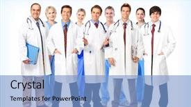  Presentation with medical error gavel and stethoscope - Colorful slide set enhanced with group of smiling medical doctors backdrop and a  colored foreground