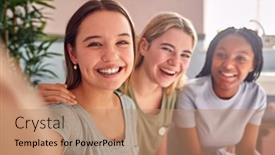  Presentation with multi cultural - PPT theme with group-of-smiling-multi-cultural background and a coral colored foreground