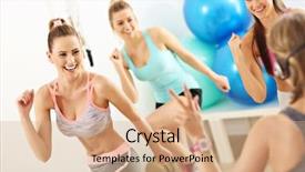  Presentation with aerobics - Cool new slides with group of smiling people doing backdrop and a coral colored foreground