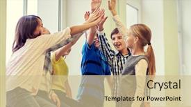  Presentation with elementary children - Presentation theme enhanced with group of smiling school kids background and a soft green colored foreground