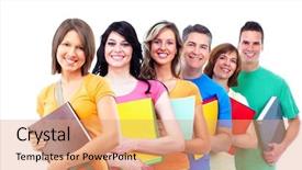  Presentation with students - Slide deck featuring group of smiling students isolated background and a coral colored foreground