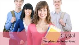  Presentation with group of students raising hands - Beautiful presentation design featuring group of smiling students isolated backdrop and a  colored foreground