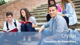  Presentation with students - Presentation theme enhanced with group-of-smiling-students-sitting background and a  colored foreground