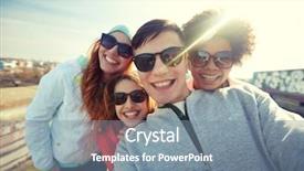  Presentation with tourism selfie - Slides having group of smiling teenage friends background and a  colored foreground