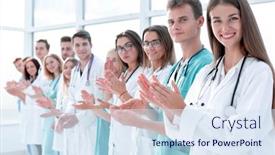  Presentation with multiracial team of young doctors stacking hands - Slide deck consisting of group-of-smiling-young-doctors background and a sky blue colored foreground