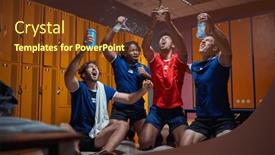  Presentation with gold trophy - Theme with group-of-soccer-players-celebrating background and a tawny brown colored foreground