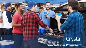  Presentation with car park - Presentation design consisting of group of sports fans tailgating background and a ocean colored foreground