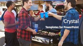  Presentation with car park - Slide deck with group of sports fans tailgating background and a ocean colored foreground