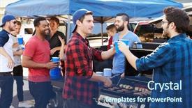  Presentation with car park - Colorful presentation design enhanced with group of sports fans tailgating backdrop and a ocean colored foreground