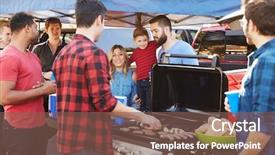  Presentation with car park - Presentation design featuring group of sports fans tailgating background and a violet colored foreground