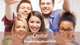  Presentation with students - Beautiful PPT theme featuring group of students at school backdrop and a coral colored foreground