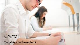  Presentation with students working in groups - Slide deck enhanced with math test - group of students at work background and a soft green colored foreground