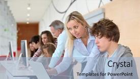  Presentation with racial group high school students - Beautiful presentation theme featuring group of students attending training backdrop and a light blue colored foreground