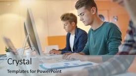  Presentation with computers - Presentation theme having group of students in class background and a light blue colored foreground