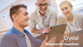  Presentation with teacher and students - PPT theme with group of students in lounge background and a  colored foreground