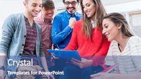  Presentation with college students and laptop - Slide deck featuring group of students learning together background and a  colored foreground