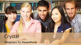  Presentation with university library - Colorful presentation theme enhanced with group of students learning in library at university backdrop and a coral colored foreground